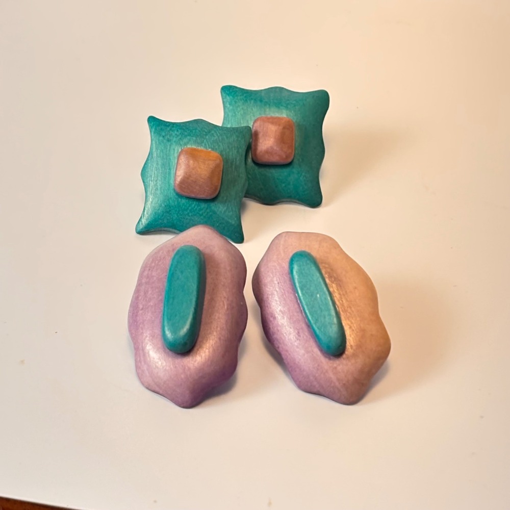 Vintage Wooden Stud Earrings Teal Purple Boho Eclectic Whimsygoth Statement Set